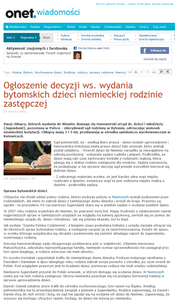 Ogłoszenie decyzji ws. wydania bytomskich dzieci niemieckiej rodzinie zastępczej Onet Wiadomości