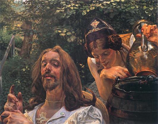 Jacek Malczewski, "Chrystus i Samarytanka" 1911. Olej na tekturze. 73 x 93 cm.   Własność prywatna. Reprodukcja ze strony http://www.pinakoteka.zascianek.pl/    